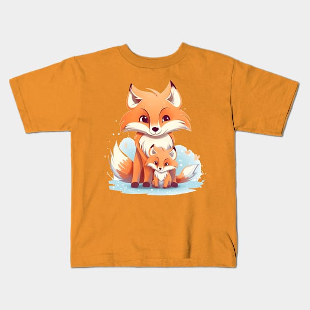 Mama Fox and Cute Baby Fox Kids T-Shirt by Chris Castler